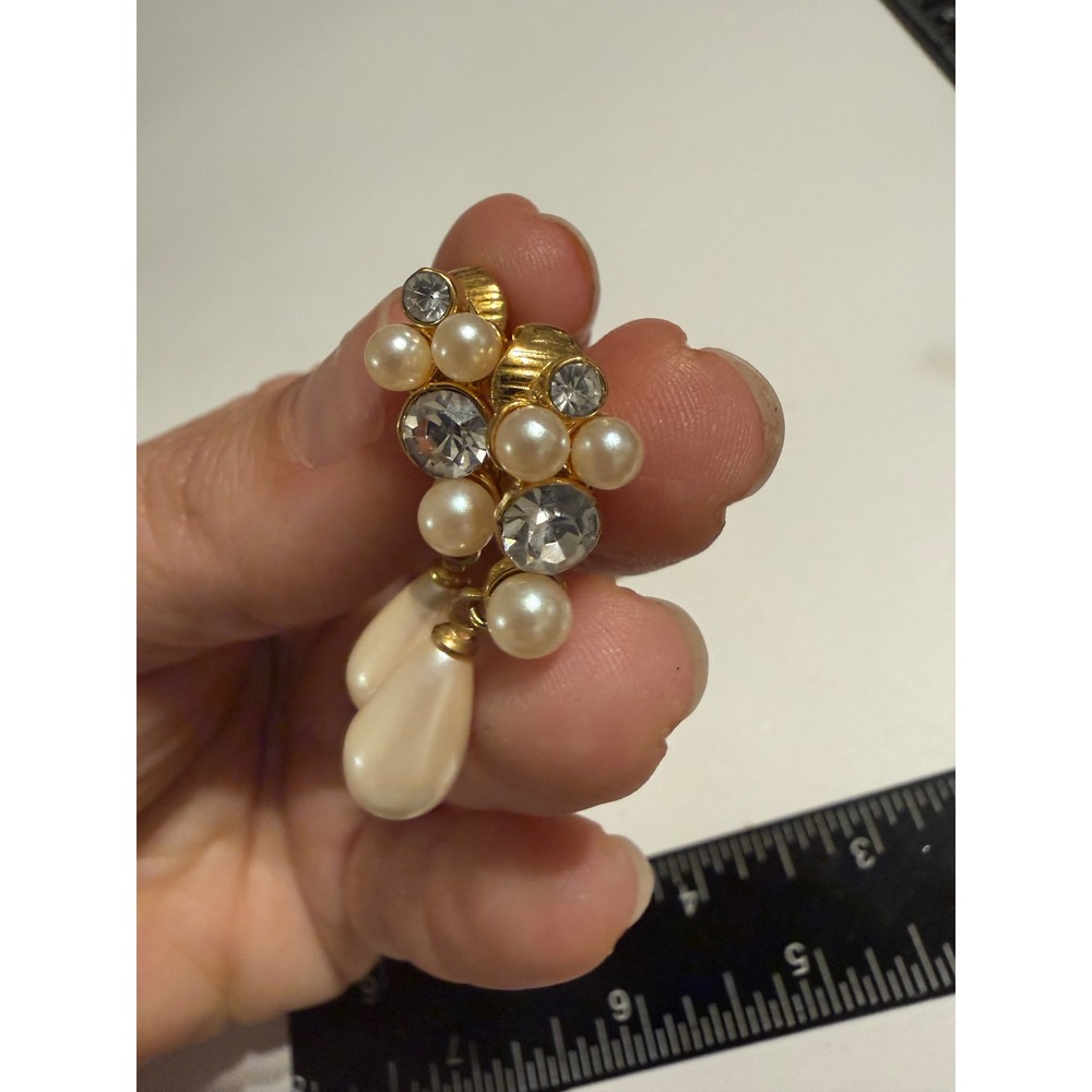 Vintage Gold Tone Faux Pearl Rhinestone Drop‎ Clip On Earrings Wedding Bridal